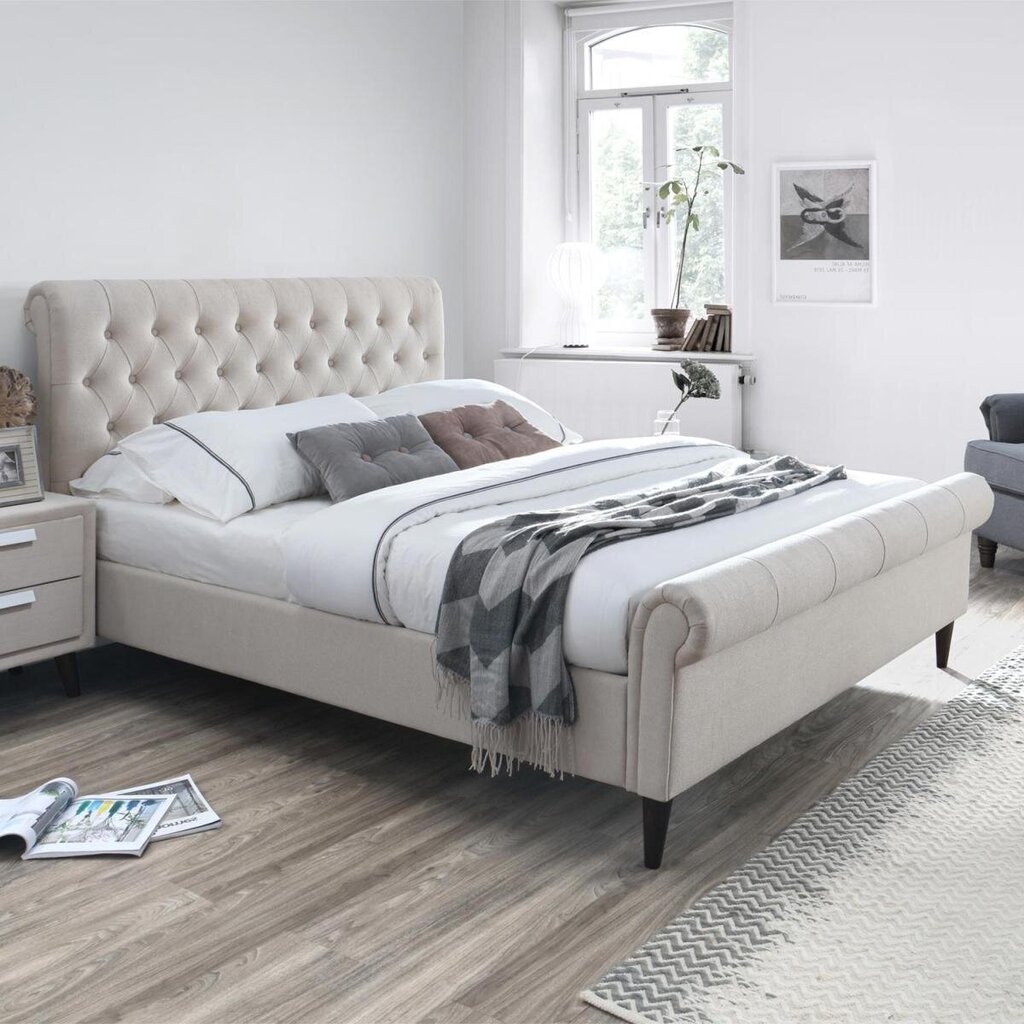 Voodi LUCIA 160x200cm, madratsiga HARMONY DUO, beež, 167,5x234xH110cm, MDF, puit, kangas hind ja info | Voodid | kaup24.ee