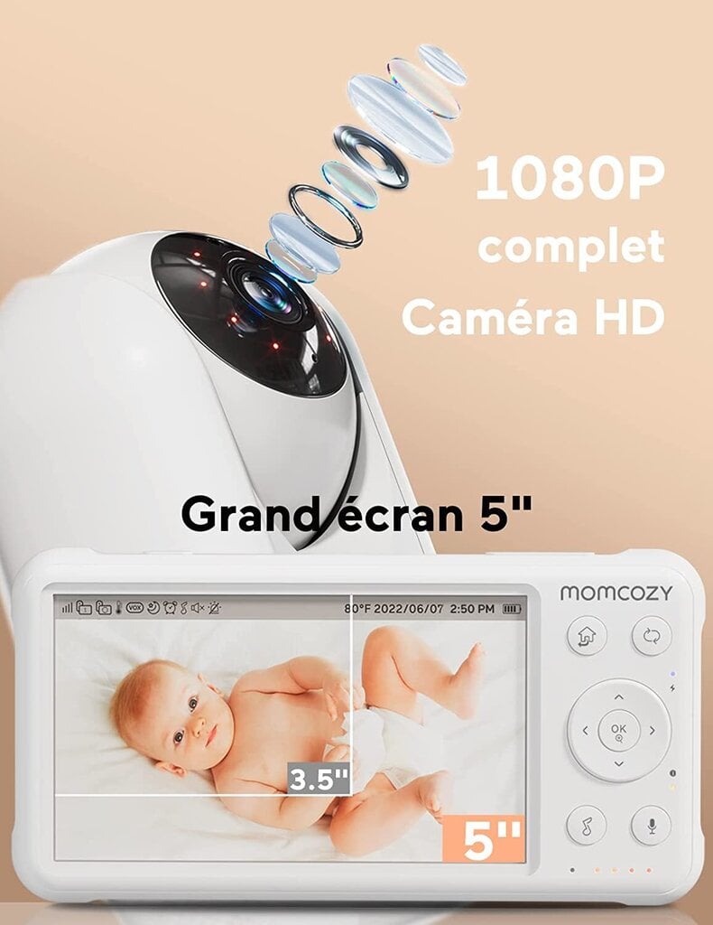MOMCOZY BM01 beebimonitor, valge, 1080P, 5000 mAh, 5" ekraan hind ja info | Beebimonitorid | kaup24.ee