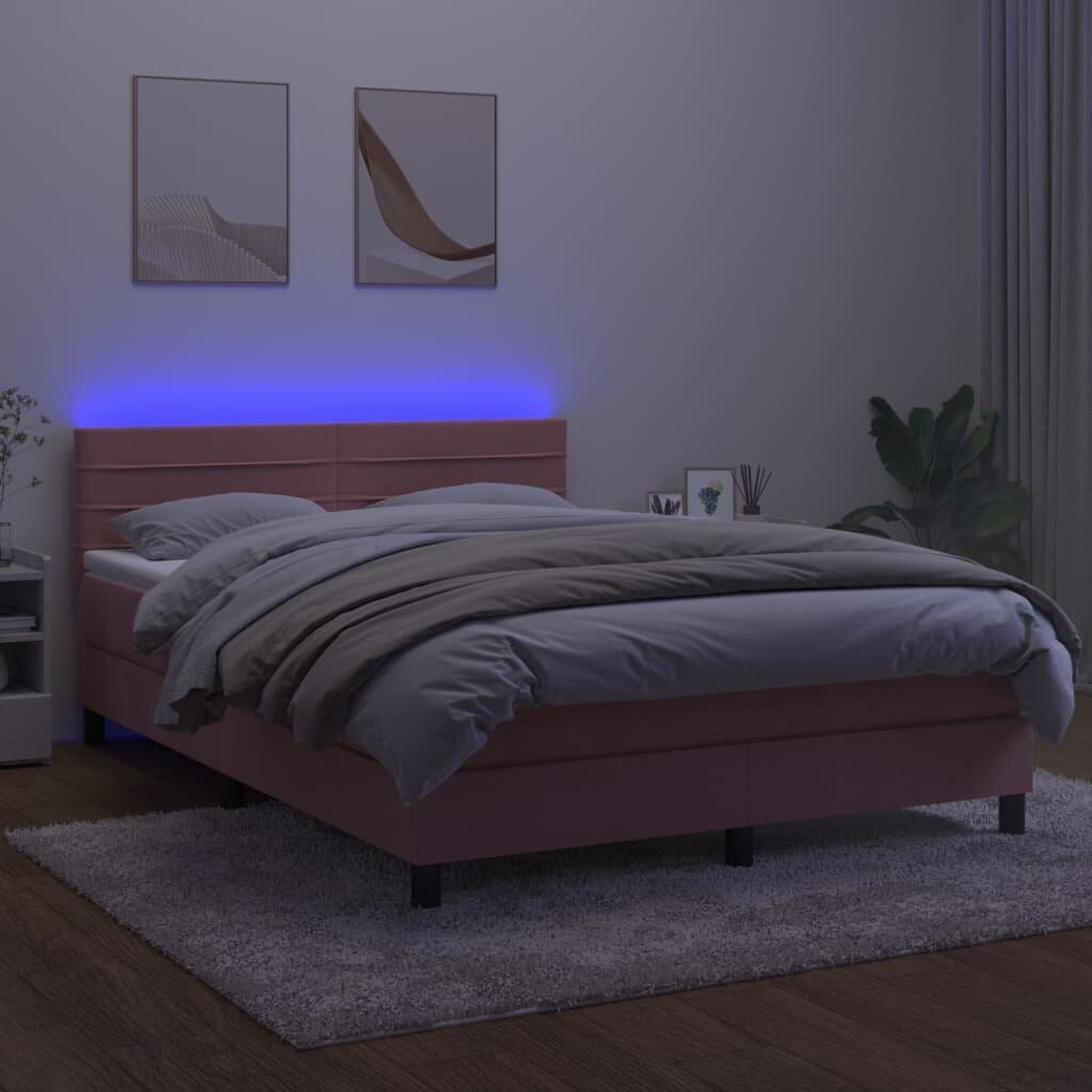 vidaXL kontinentaalvoodi madratsiga, LED, roosa, 140x190 cm, samet цена и информация | Voodid | kaup24.ee