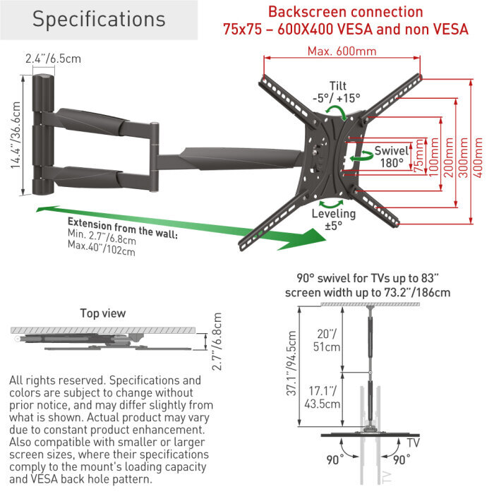 Teleri seinakinnitus Barkan AL4430XL, 13"-83", 50 kg, 600x400 mm цена и информация | Teleri seinakinnitused ja hoidjad | kaup24.ee