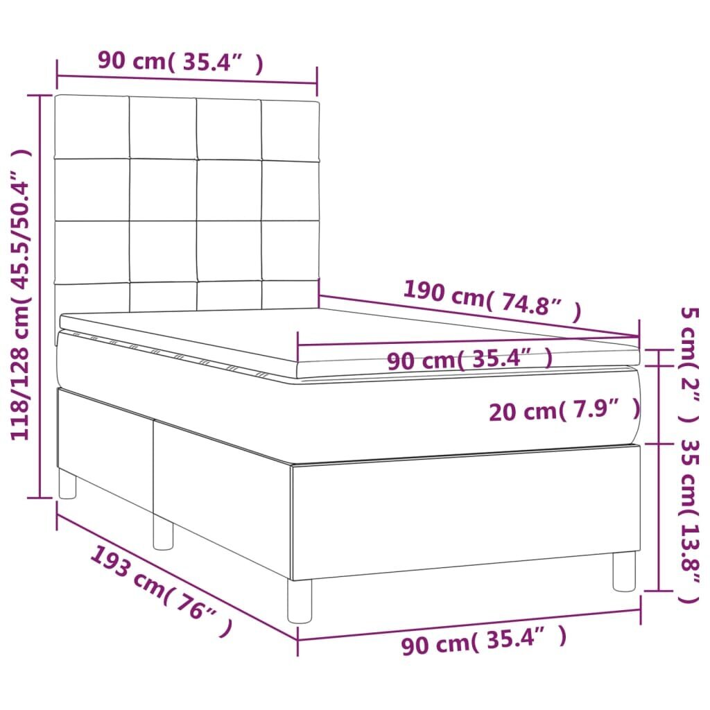 vidaXL kontinentaalvoodi madratsiga ja LED, tumepruun, 90x190 cm, kangas hind ja info | Voodid | kaup24.ee