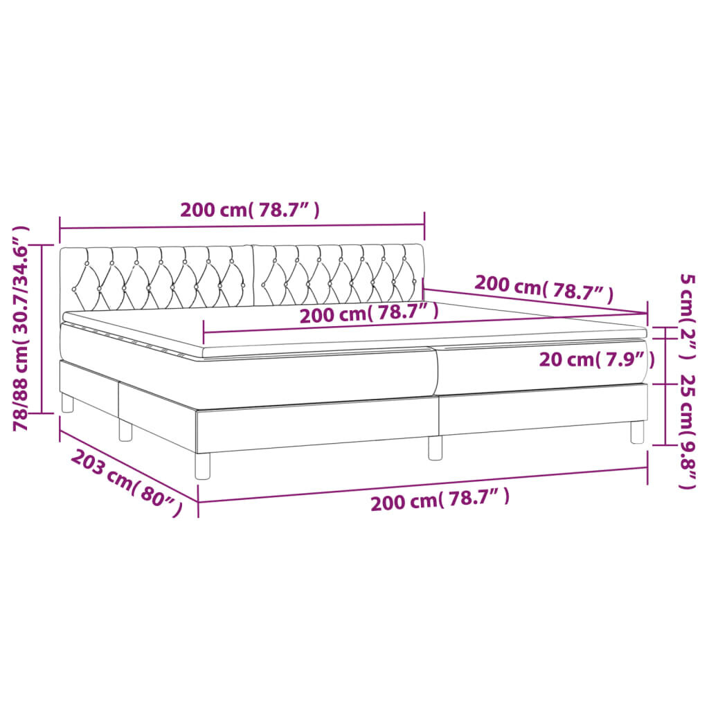 vidaXL kontinentaalvoodi madratsiga ja LED, tumehall, 200x200 cm, kangas hind ja info | Voodid | kaup24.ee