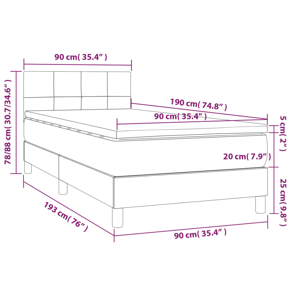 vidaXL kontinentaalvoodi madrats ja LED, tumepruun, 90x190 cm, kangas hind ja info | Voodid | kaup24.ee