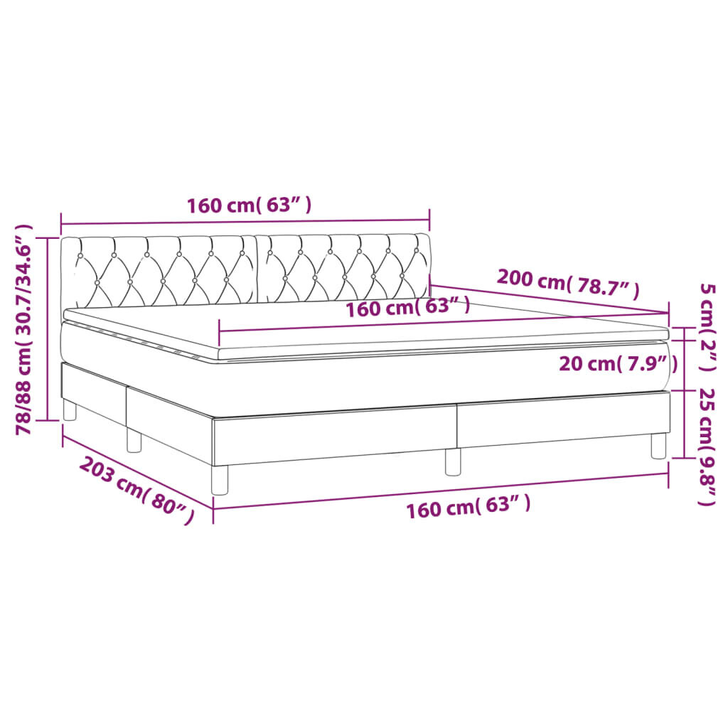 vidaXL kontinentaalvoodi madrats ja LED, tumehall, 160x200 cm, samet hind ja info | Voodid | kaup24.ee