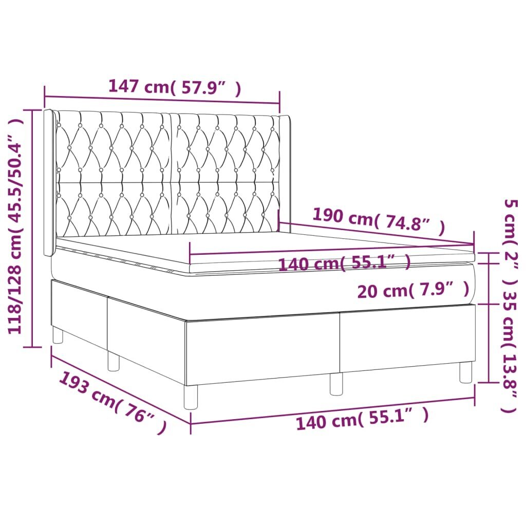 vidaXL kontinentaalvoodi madratsi ja LED-valgustusega, tumehall, 140x190 cm, kangas hind ja info | Voodid | kaup24.ee