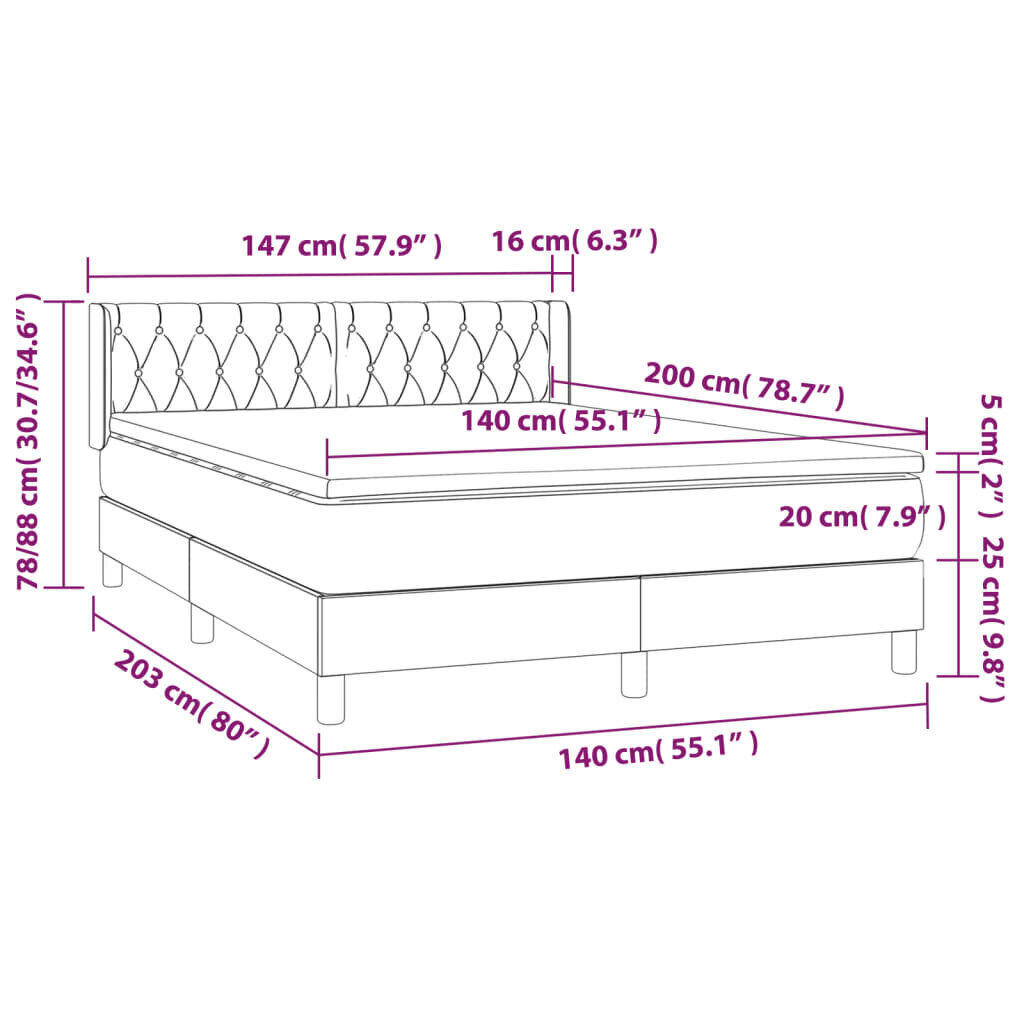 vidaXL kontinentaalvoodi madratsiga, must, 140x200 cm, kangas цена и информация | Voodid | kaup24.ee