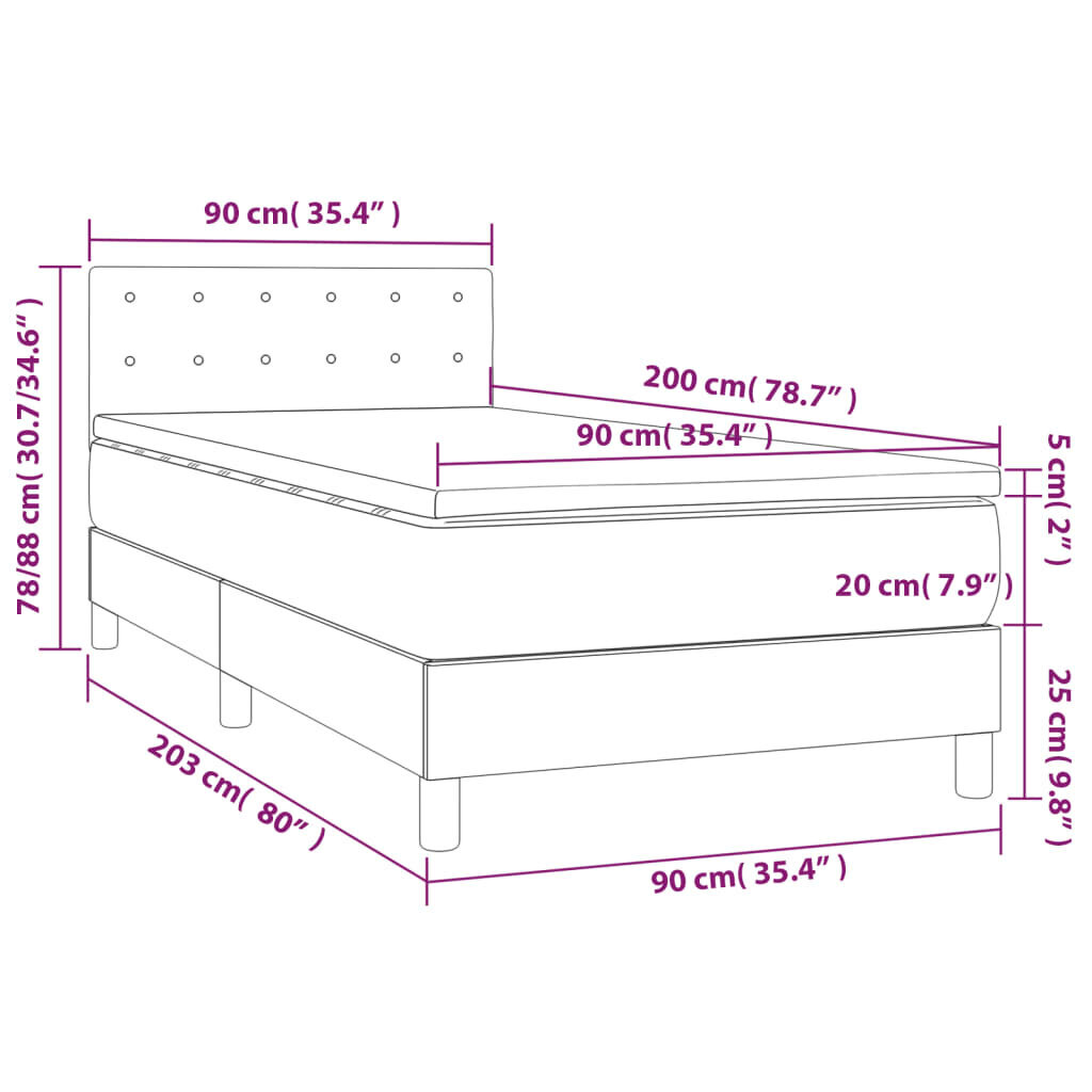 vidaXL kontinentaalvoodi madratsiga, LED, helehall, 90x200 cm, samet цена и информация | Voodid | kaup24.ee