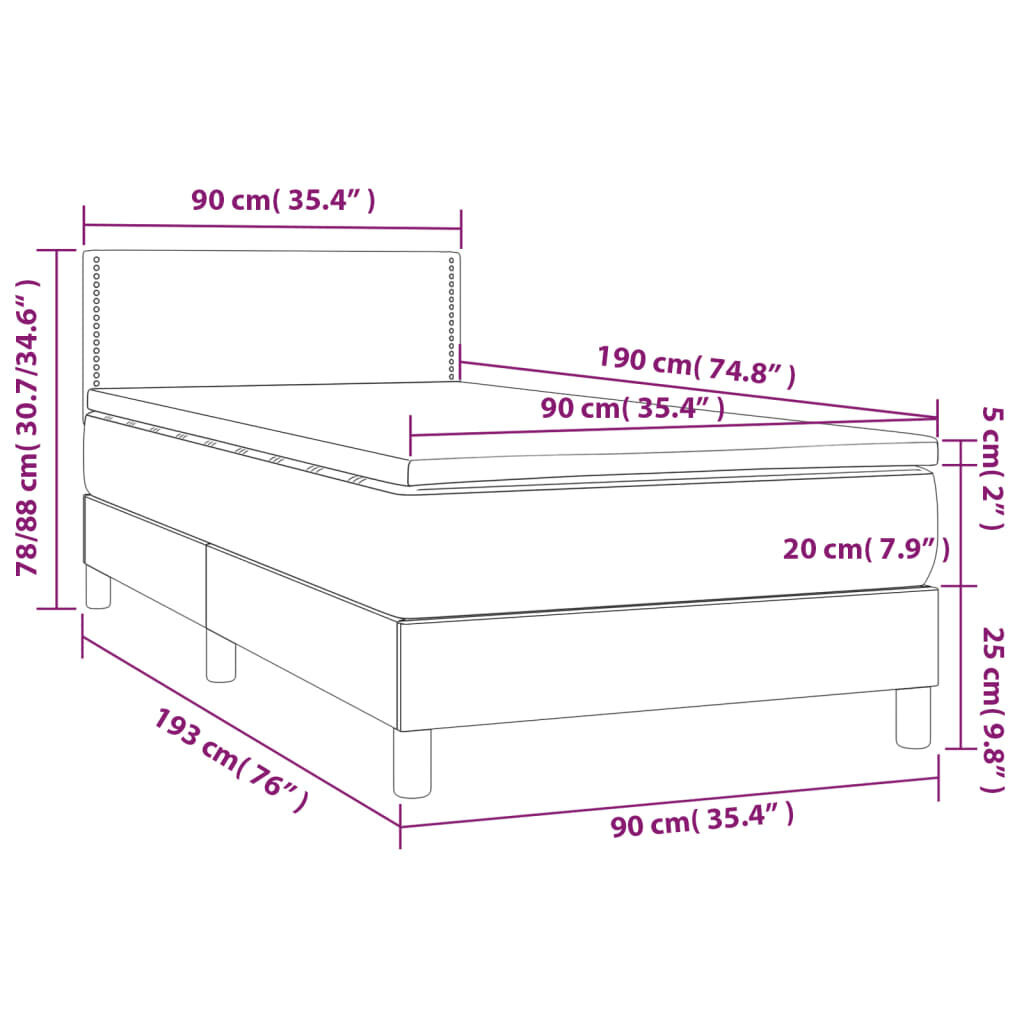 vidaXL kontinentaalvoodi madratsiga, LED, pruunikas, 90x190 cm, kangas цена и информация | Voodid | kaup24.ee