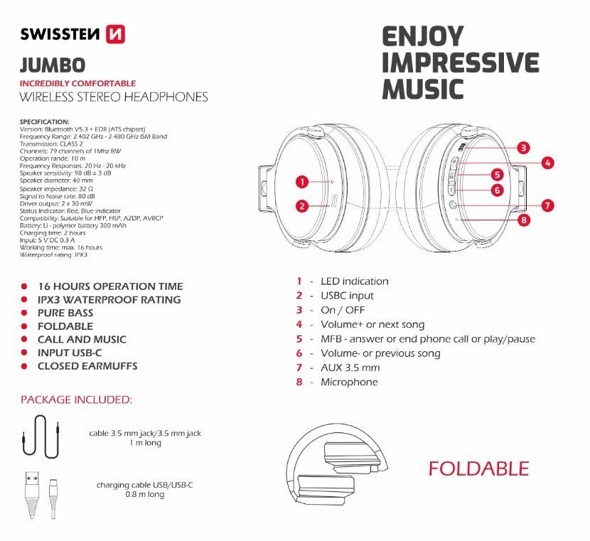 Swissten Jumbo FM / AUX hind ja info | Kõrvaklapid | kaup24.ee