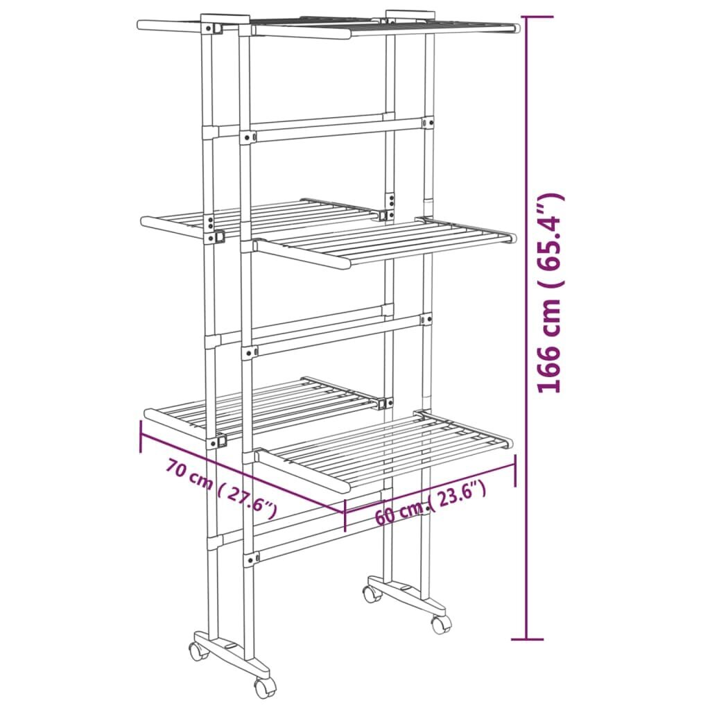vidaXL 3-korruseline ratastega pesukuivatusrest hõbedane 60x70x166 cm цена и информация | Pesukuivatusrestid ja aksessuaarid | kaup24.ee