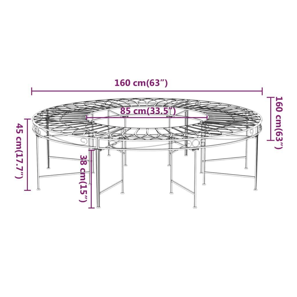 vidaXL puu ümber paigaldatav pink, Ø160 cm, must, teras hind ja info | Aiapingid | kaup24.ee