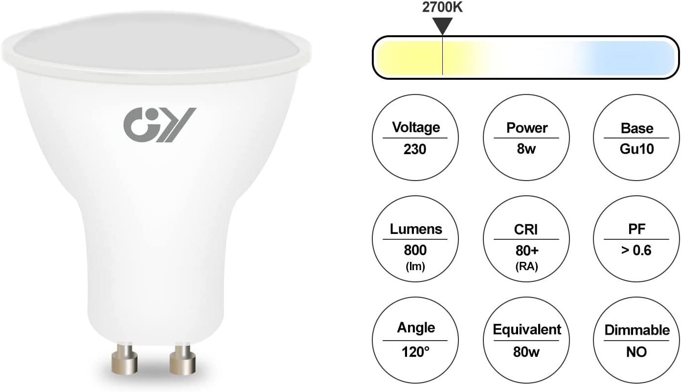 GY GU10 LED pirnid, 8 W, 800 luumenit, 2700 K, valgusvihu nurk 120°, 12 tk. hind ja info | Lambipirnid, lambid | kaup24.ee