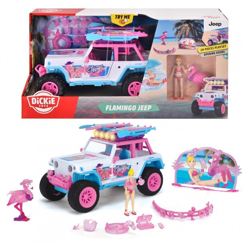 Maastur figuuride ja tarvikutega Dickie Flamingo Jeep, 20 tk hind ja info | Tüdrukute mänguasjad | kaup24.ee
