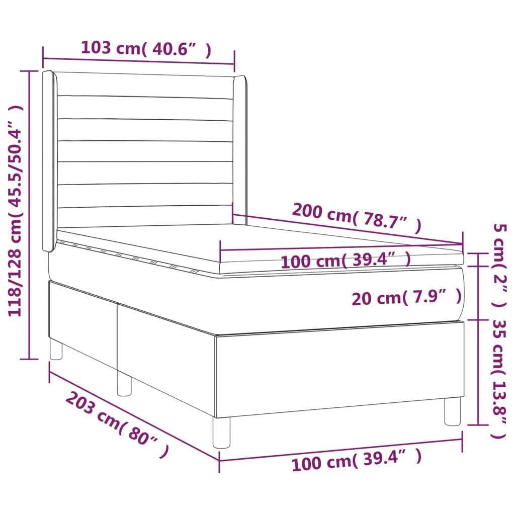 vidaXL kontinentaalvoodi madratsiga ja LED, kreemjas, 100x200 cm, kangas hind ja info | Voodid | kaup24.ee