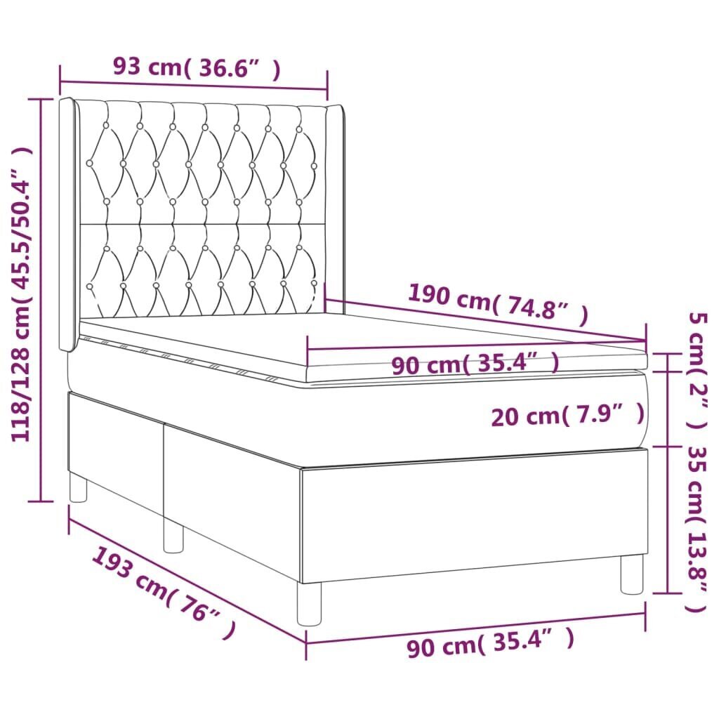 vidaXL kontinentaalvoodi madratsiga ja LED, pruunikas, 90x190 cm, kangas hind ja info | Voodid | kaup24.ee