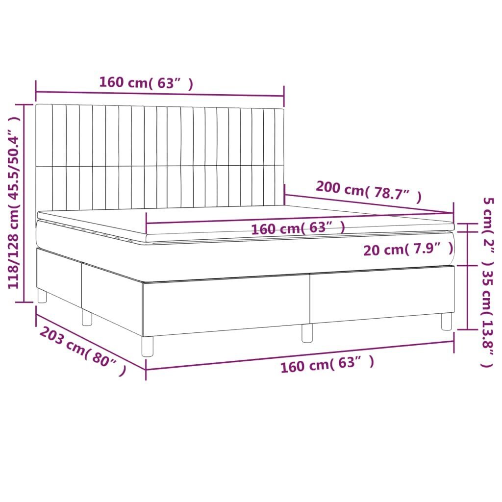 vidaXL kontinentaalvoodi madratsiga, tumehall, 160x200 cm, samet hind ja info | Voodid | kaup24.ee