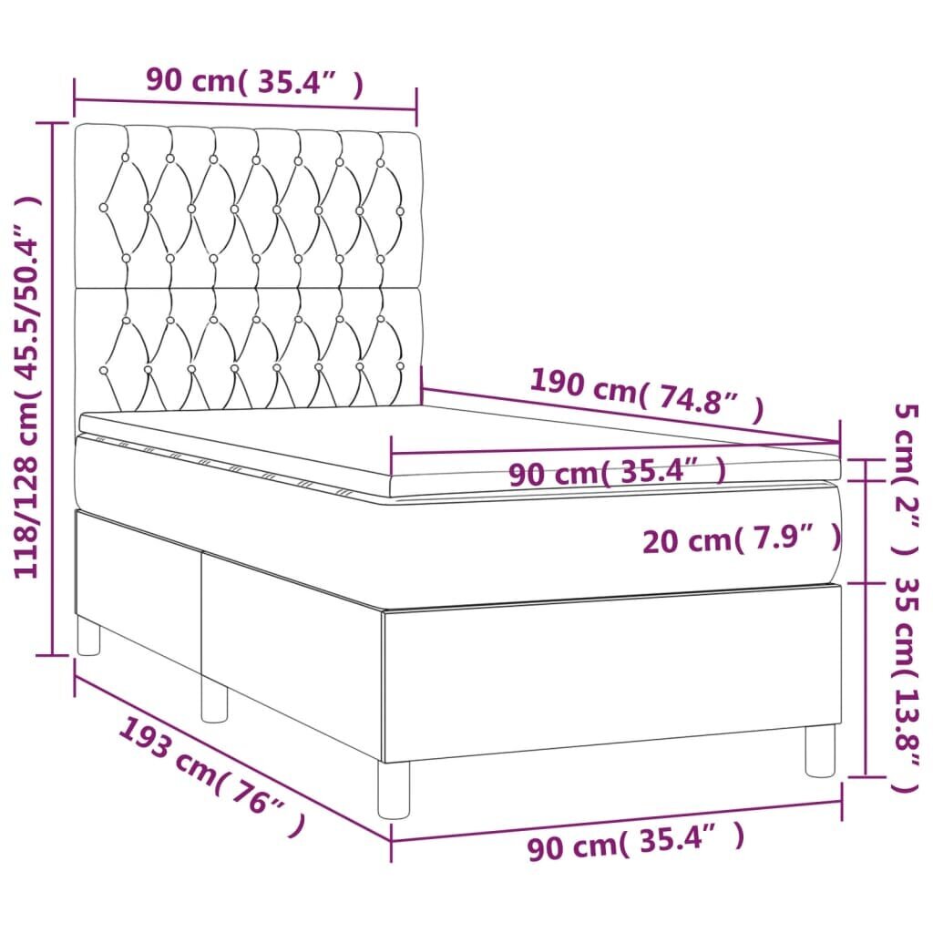 vidaXL kontinentaalvoodi madratsiga, helehall, 90x190 cm, samet hind ja info | Voodid | kaup24.ee