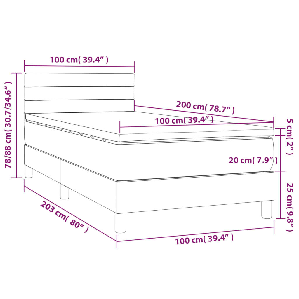 vidaXL kontinentaalvoodi madrats ja LED, tumehall, 100x200 cm, samet hind ja info | Voodid | kaup24.ee