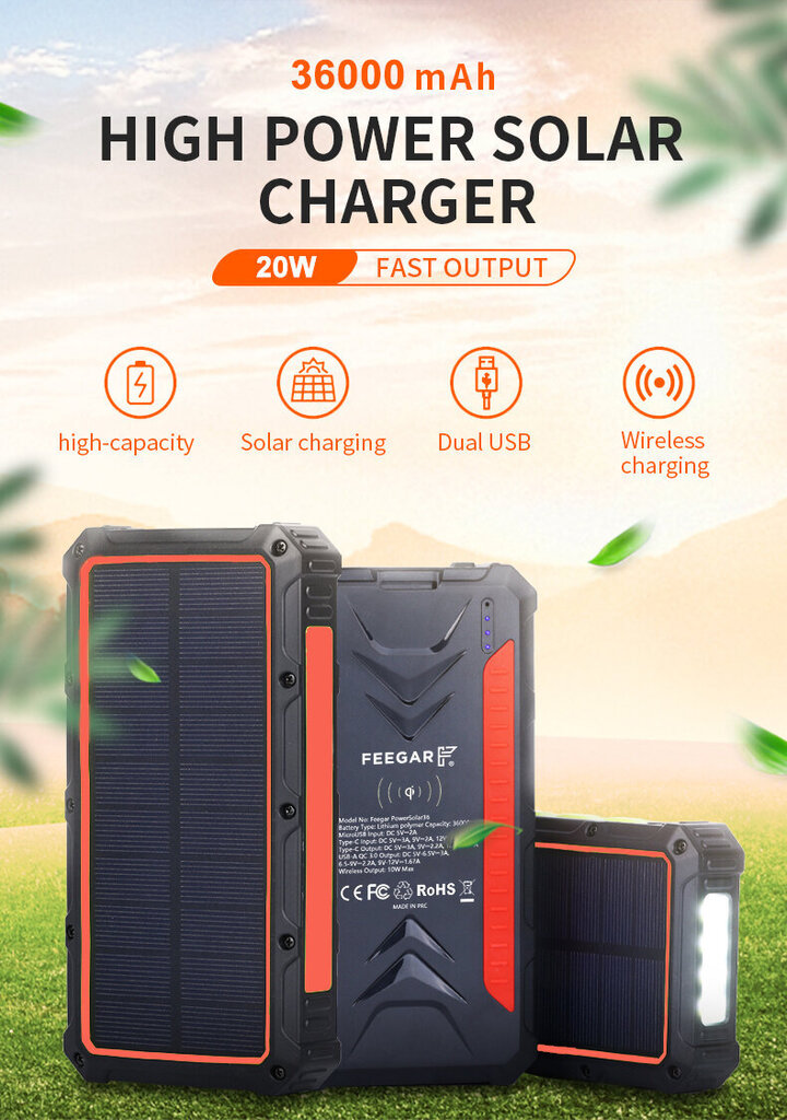 Power Bank Feegar 36000mah 20W 4x USB-C QI Solar Power Bank цена и информация | Akupangad | kaup24.ee