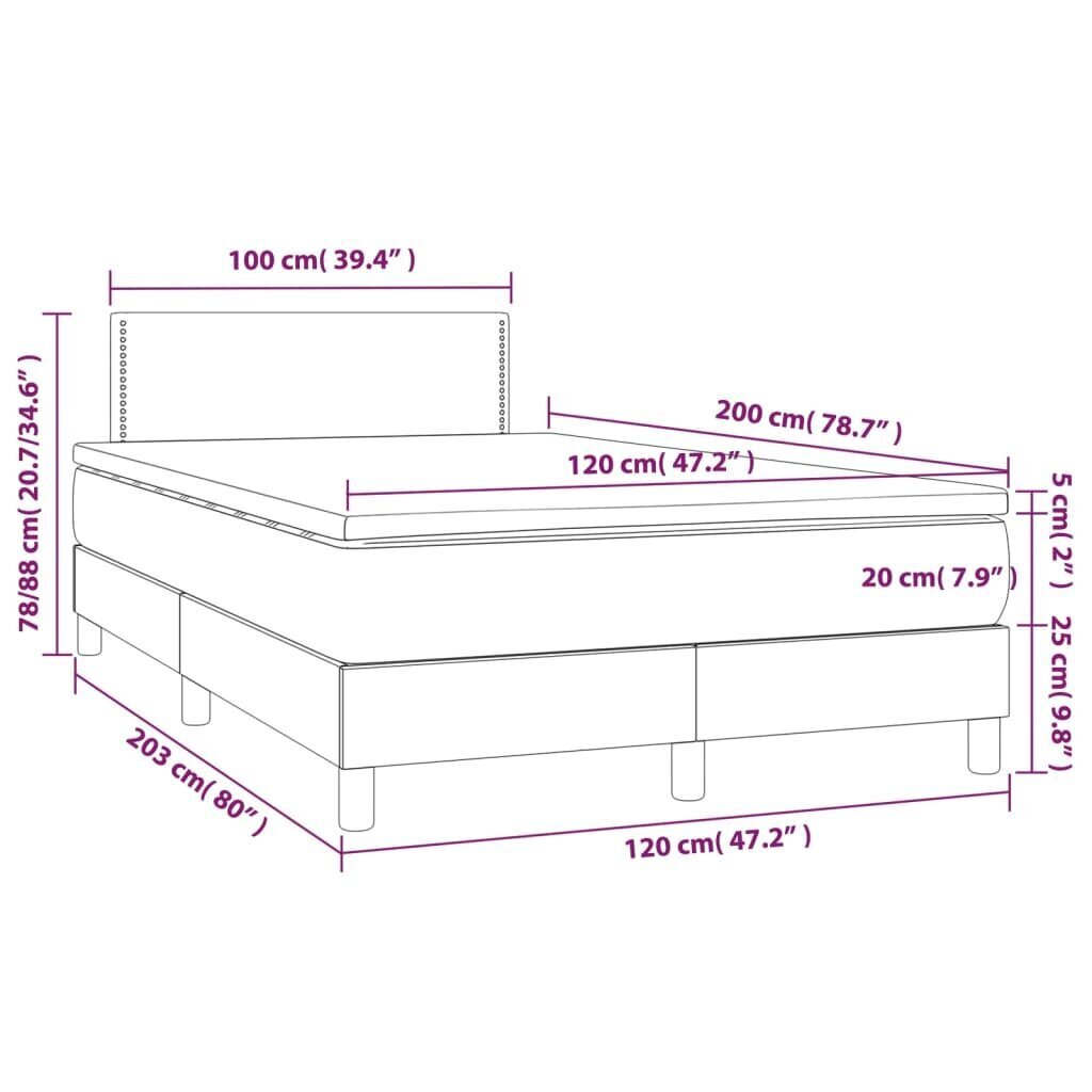 vidaXL kontinentaalvoodi madratsiga ja LED, pruunikas, 120x200 cm, kangas hind ja info | Voodid | kaup24.ee