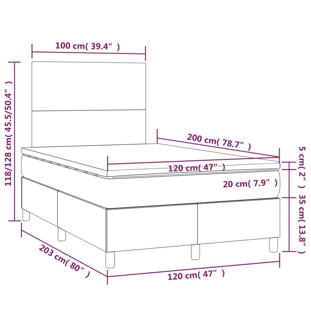 vidaXL kontinentaalvoodi madratsiga, LED, must, 120x200 cm, kunstnahk цена и информация | Voodid | kaup24.ee