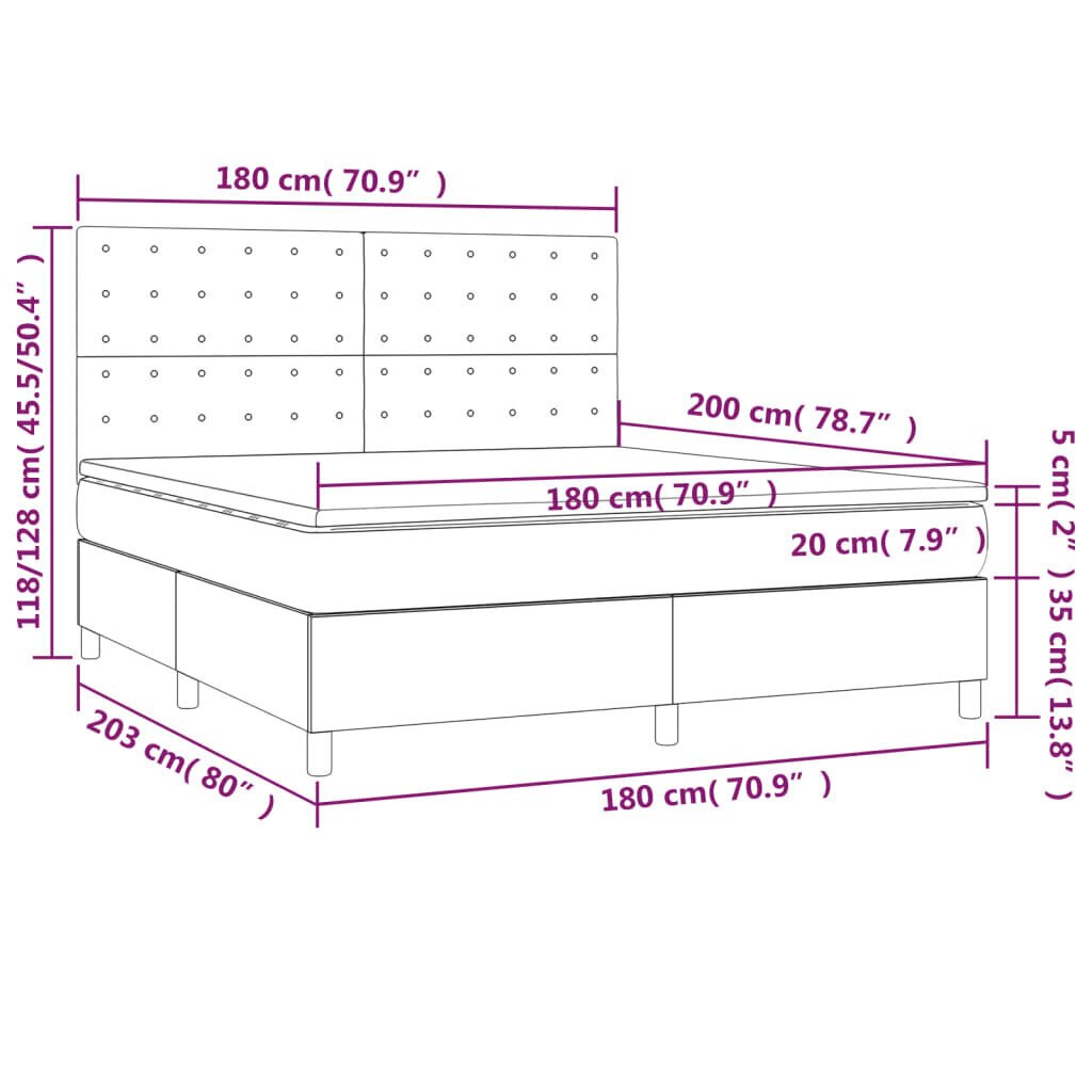 vidaXL kontinentaalvoodi madratsiga ja LED, tumehall, 180x200 cm, kangas hind ja info | Voodid | kaup24.ee