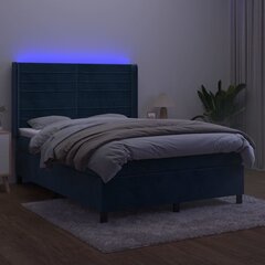 vidaXL kontinentaalvoodi madratsiga, LED, tumesinine, 140x200 cm, samet hind ja info | Voodid | kaup24.ee