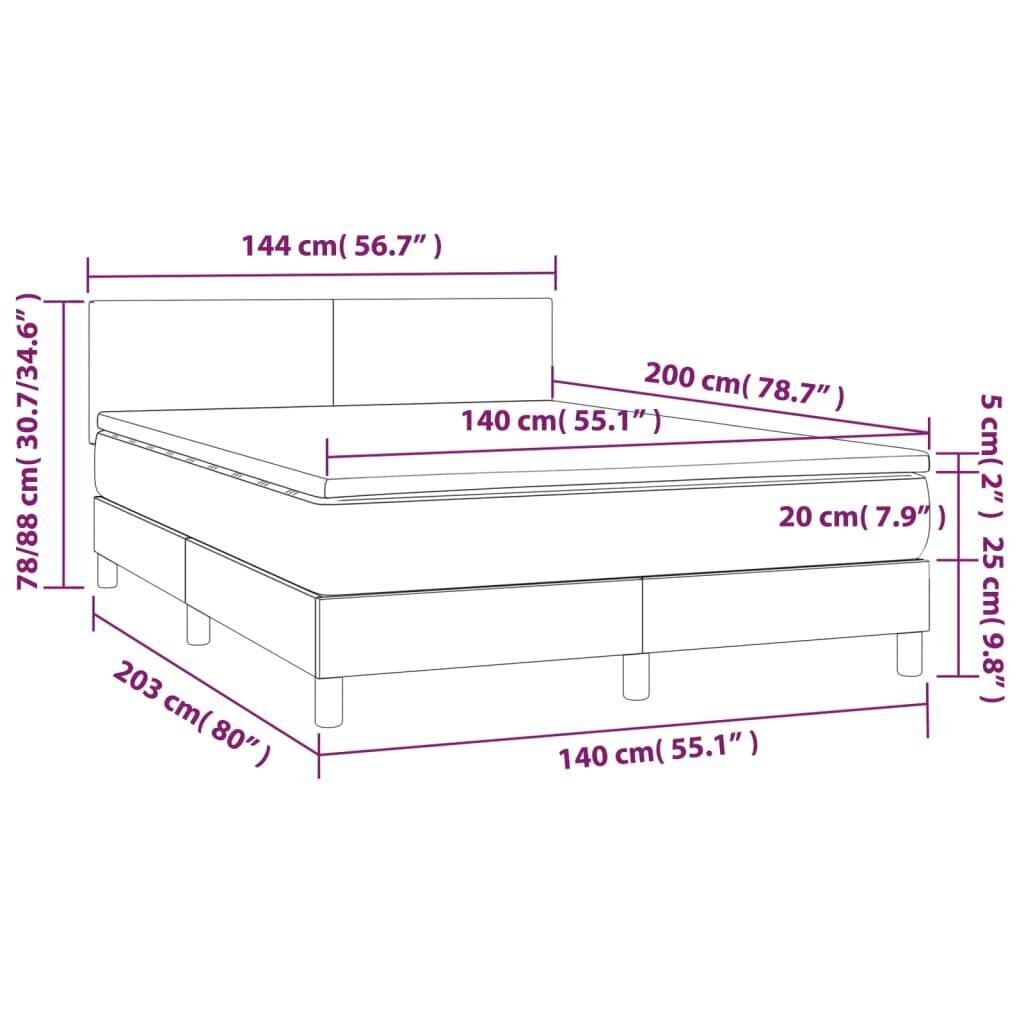 vidaXL kontinentaalvoodi madratsiga ja LED, helehall, 140x200 cm, kangas hind ja info | Voodid | kaup24.ee