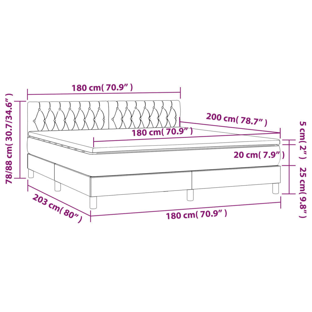 vidaXL kontinentaalvoodi madratsiga ja LED, must, 180x200 cm, samet цена и информация | Voodid | kaup24.ee