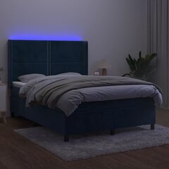 vidaXL kontinentaalvoodi madratsiga, LED, tumesinine, 140x200 cm, samet hind ja info | Voodid | kaup24.ee