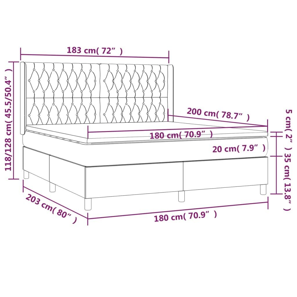 vidaXL kontinentaalvoodi madrats ja LED, must, 180x200 cm, samet hind ja info | Voodid | kaup24.ee