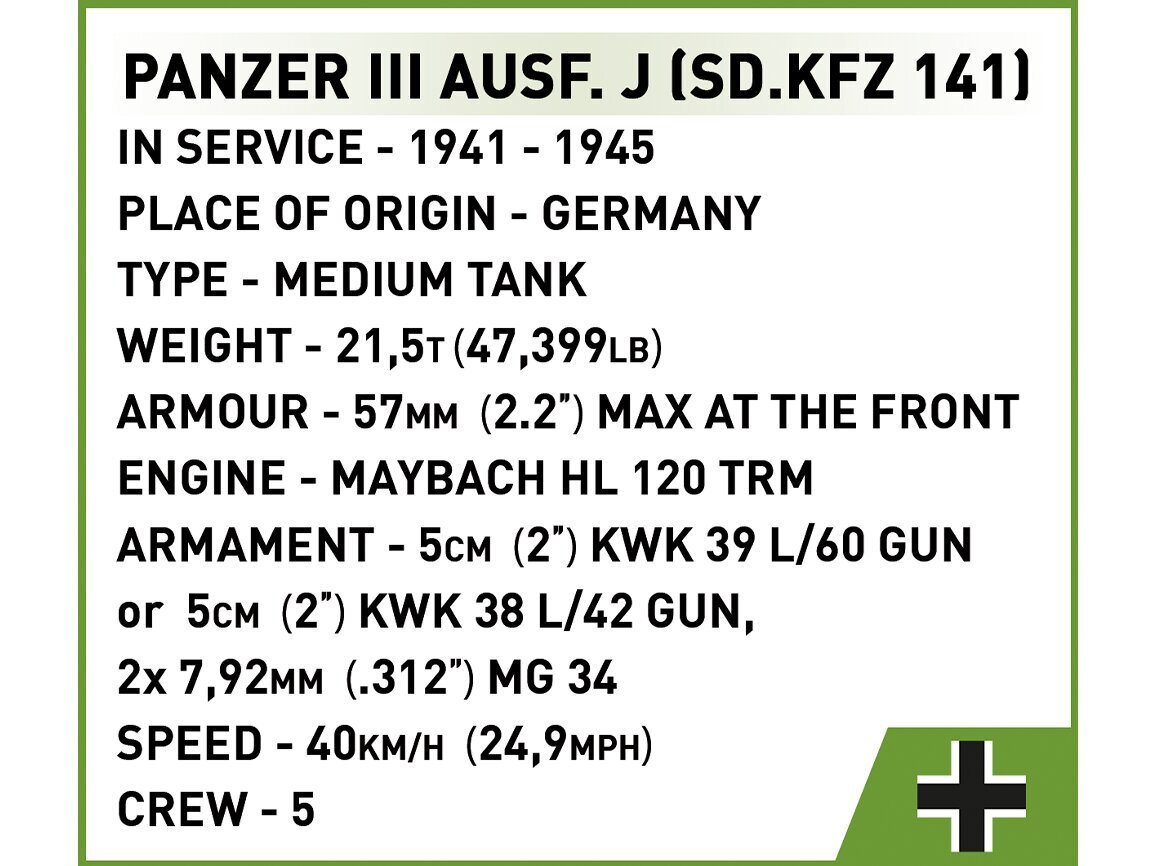 COBI - Plastkonstruktorid Panzer III Ausf. J, 1/28, 2562 hind ja info | Klotsid ja konstruktorid | kaup24.ee