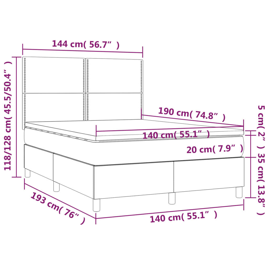 vidaXL kontinentaalvoodi madrats, LED, roosa, 140x190 cm, samet hind ja info | Voodid | kaup24.ee