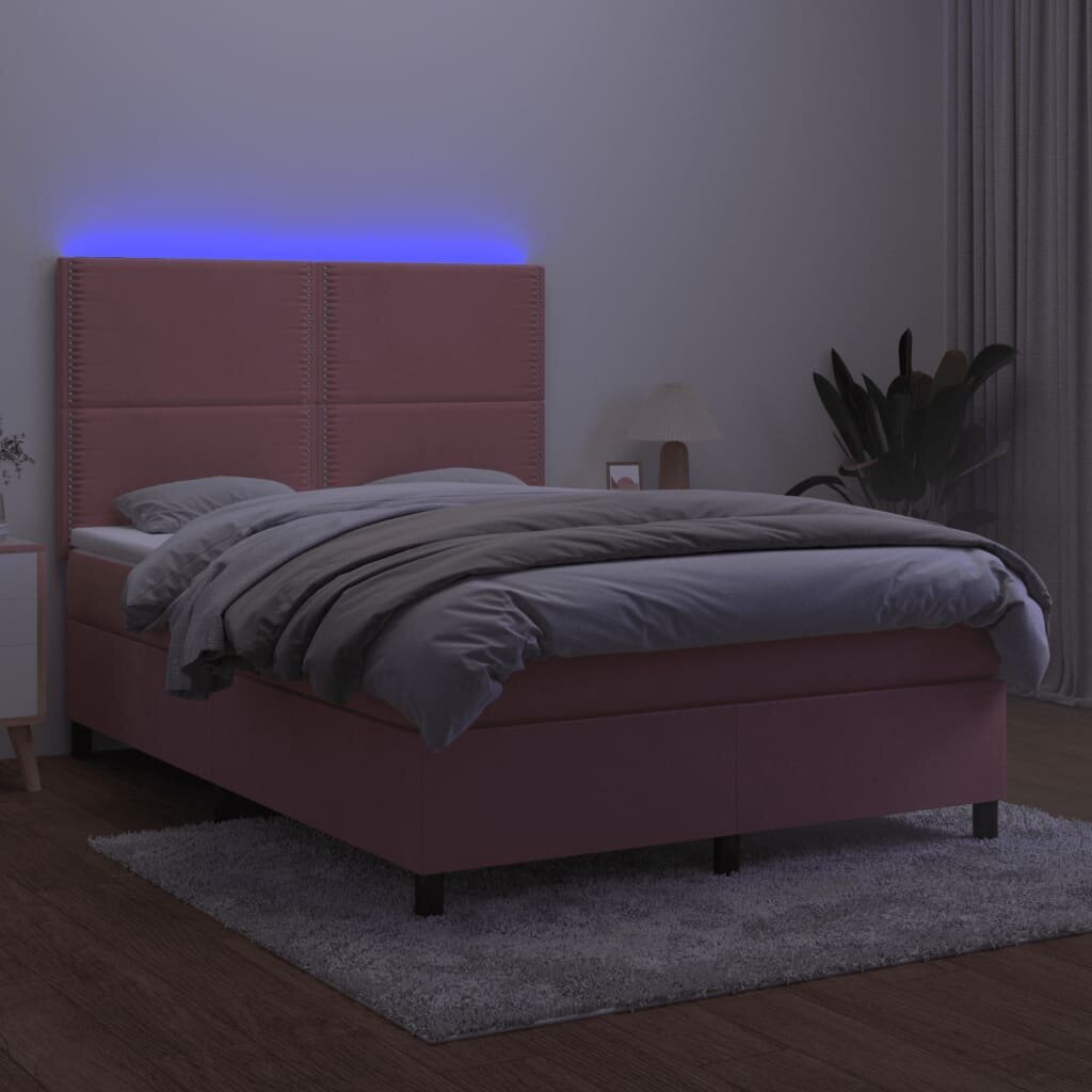 vidaXL kontinentaalvoodi madrats, LED, roosa, 140x190 cm, samet hind ja info | Voodid | kaup24.ee