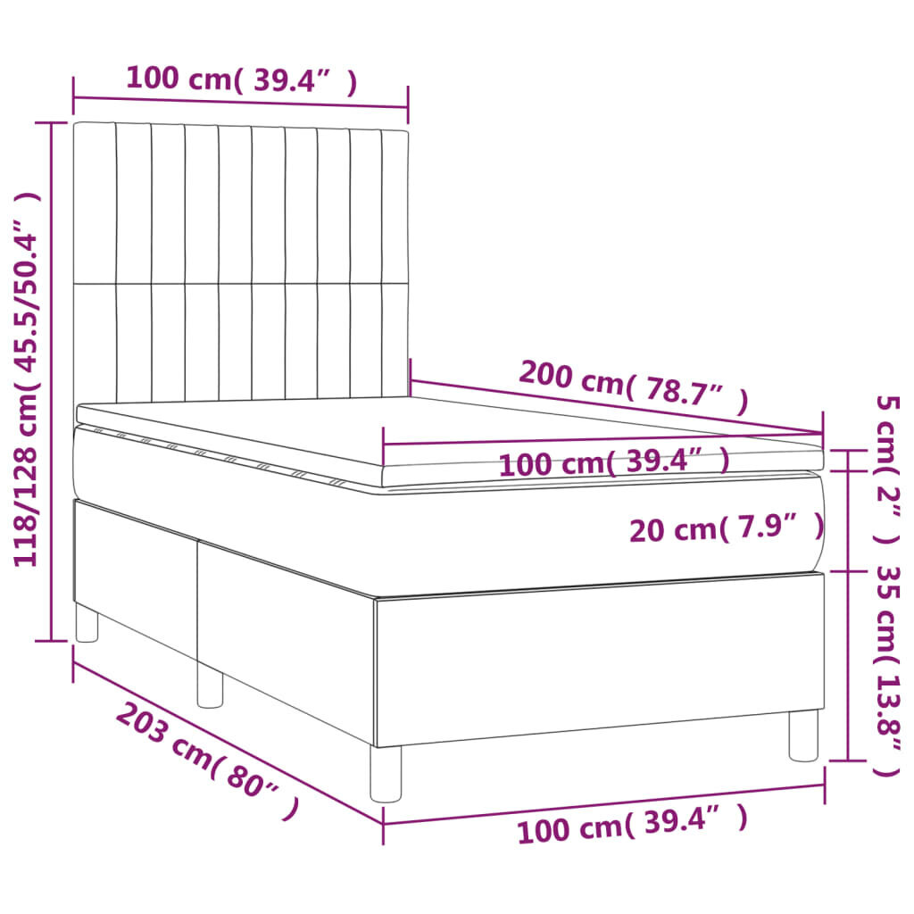 vidaXL kontinentaalvoodi madrats ja LED, must, 100x200 cm, samet hind ja info | Voodid | kaup24.ee