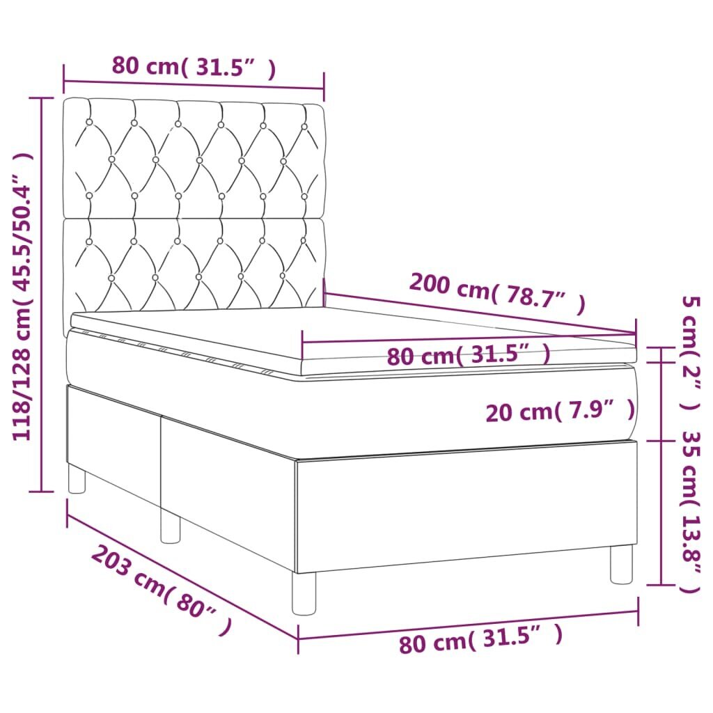 vidaXL kontinentaalvoodi madrats, LED, tumeroheline, 80x200 cm, samet hind ja info | Voodid | kaup24.ee