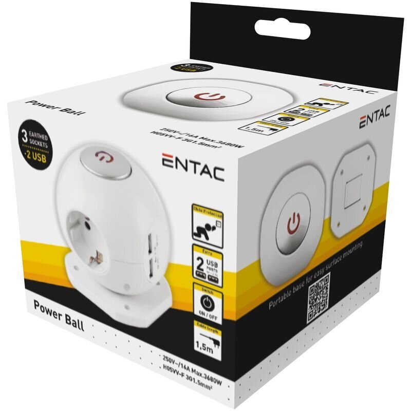 Pikenduskaabel Entac 3 pesa + 2 USB, 1,5 m hind ja info | Pikendusjuhtmed, kaablid | kaup24.ee