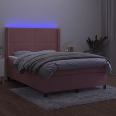 vidaXL kontinentaalvoodi madratsiga, LED, roosa, 140x190 cm, samet hind ja info | Voodid | kaup24.ee