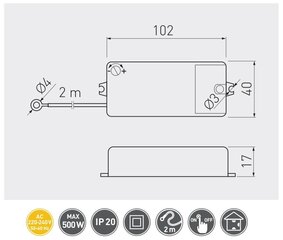 PTO puutelüliti, 230V, max.500W (kruviga), 2m kaabel AE-WBEZDK15-10 цена и информация | Выключатели, розетки | kaup24.ee