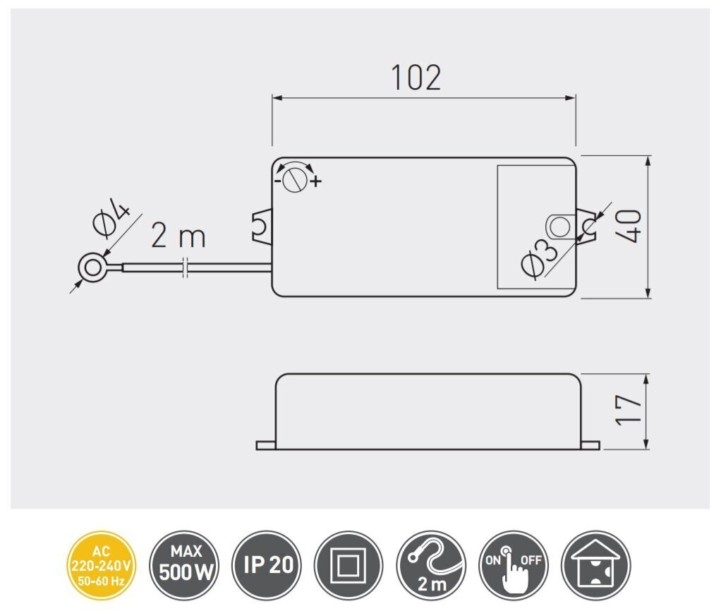 PTO puutelüliti, 230V, max.500W (kruviga), 2m kaabel AE-WBEZDK15-10 hind ja info | Lülitid ja pistikupesad | kaup24.ee