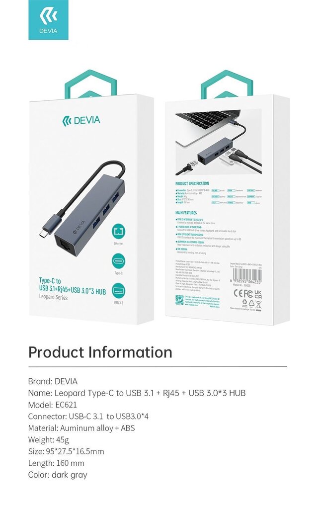 USB jaotur Devia Leopard Type-C To USB 3.1 + USB3.0*4 hall цена и информация | USB jagajad, adapterid | kaup24.ee