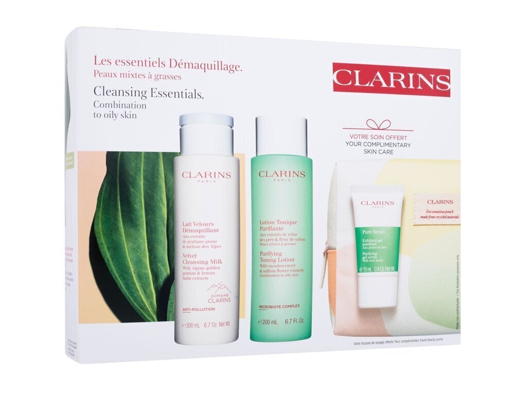 Näopuhastuskomplekt kombineeritud ja rasusele nahale Clarins: Kreemjas puhastuspiim, 200 ml + puhastav toniseeriv losjoon, 200 ml + näokoorija, 15 ml hind ja info | Näopuhastusvahendid | kaup24.ee