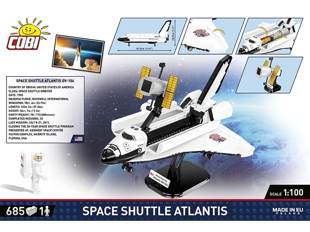 COBI - Plastkonstruktorid Space Shuttle Atlantis, 1/100, 1930 цена и информация | Klotsid ja konstruktorid | kaup24.ee