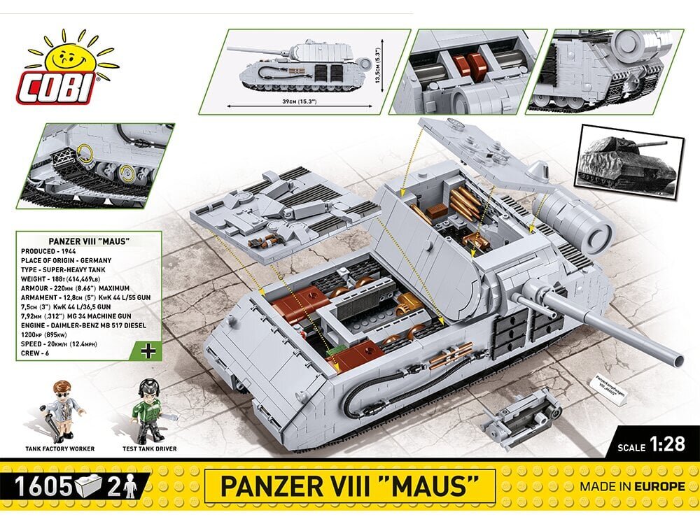 COBI - Plastkonstruktorid Panzer VIII Maus, 1/28, 2559 цена и информация | Klotsid ja konstruktorid | kaup24.ee