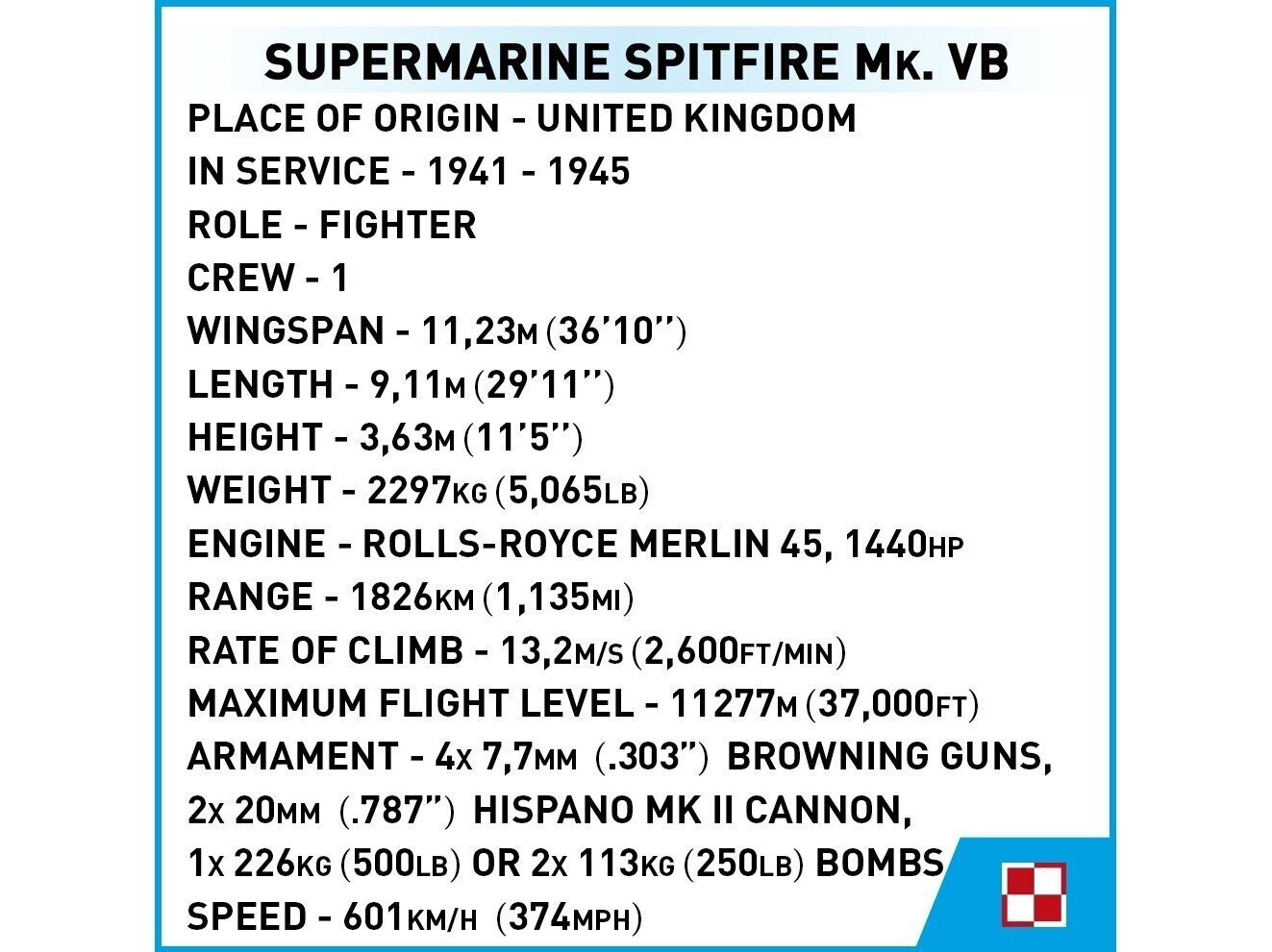 COBI - Plastkonstruktorid Supermarine Spitfire Mk.VB, 1/32, 5725 цена и информация | Klotsid ja konstruktorid | kaup24.ee