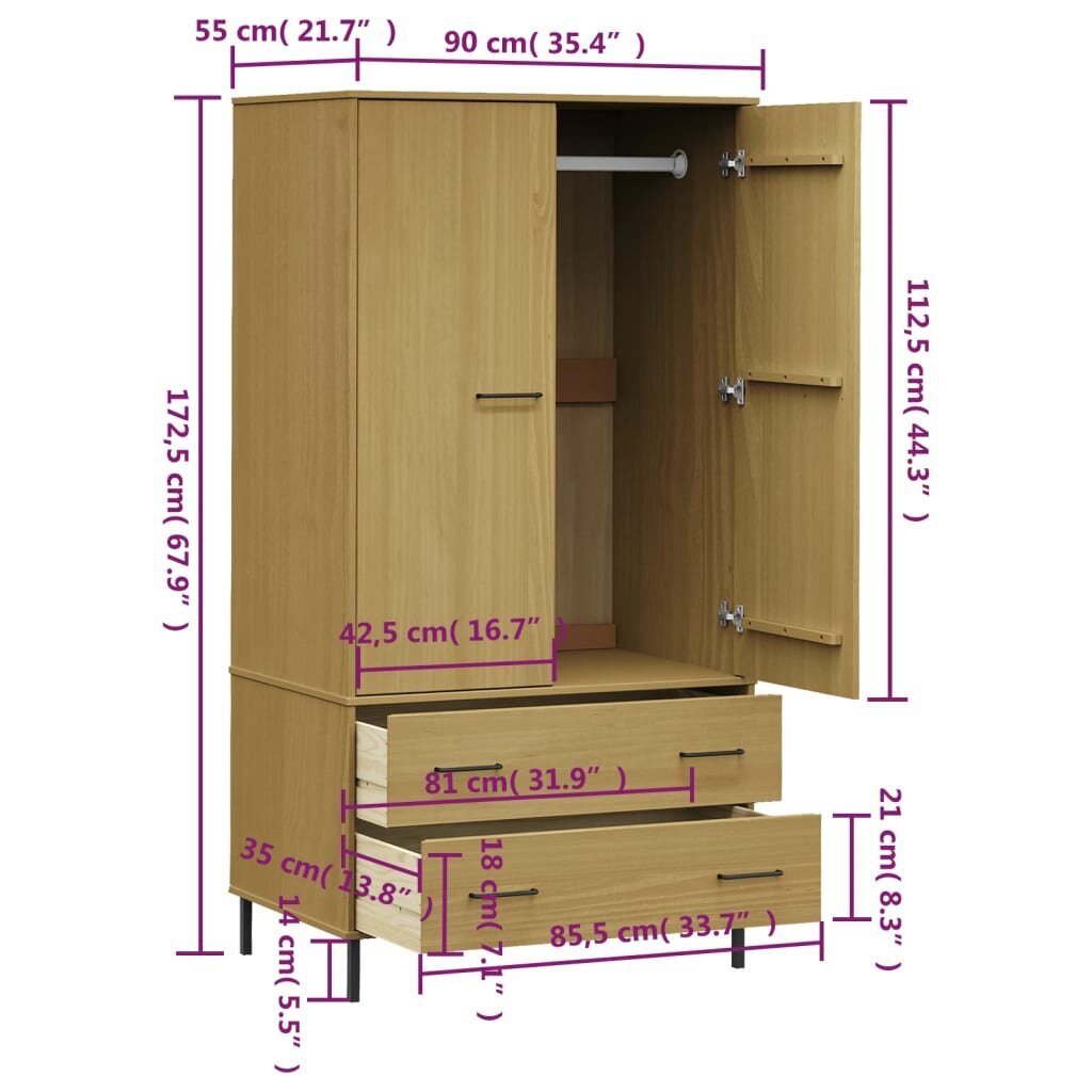 vidaXL riidekapp metalljalgadega, pruun, 90x55x172,5 cm, "OSLO" hind ja info | Kapid | kaup24.ee