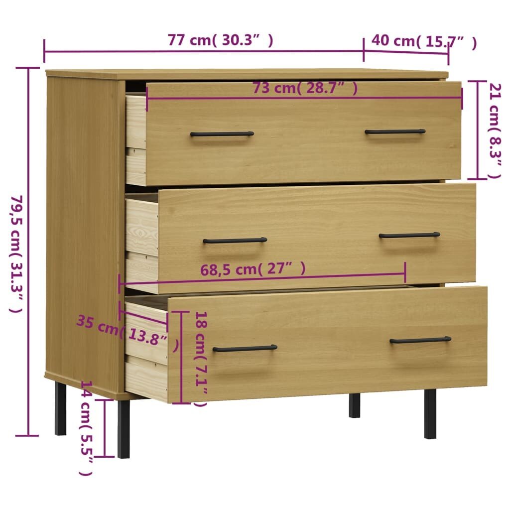 vidaXL 3 sahtliga puhvetkapp, pruun, 77x40x79,5 cm täispuit, "OSLO" hind ja info | Elutoa väikesed kapid | kaup24.ee