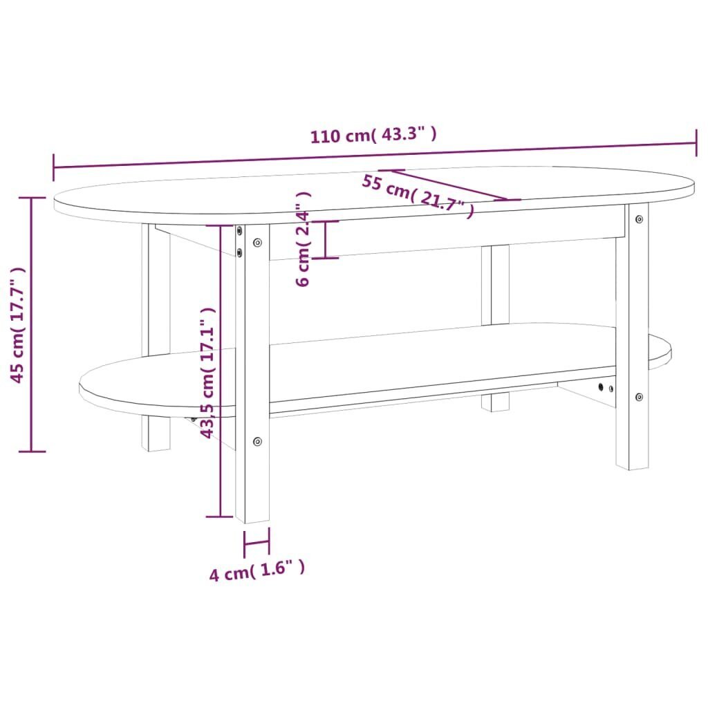 vidaXL kohvilaud, meepruun, 110x55x45 cm, männipuit hind ja info | Diivanilauad | kaup24.ee