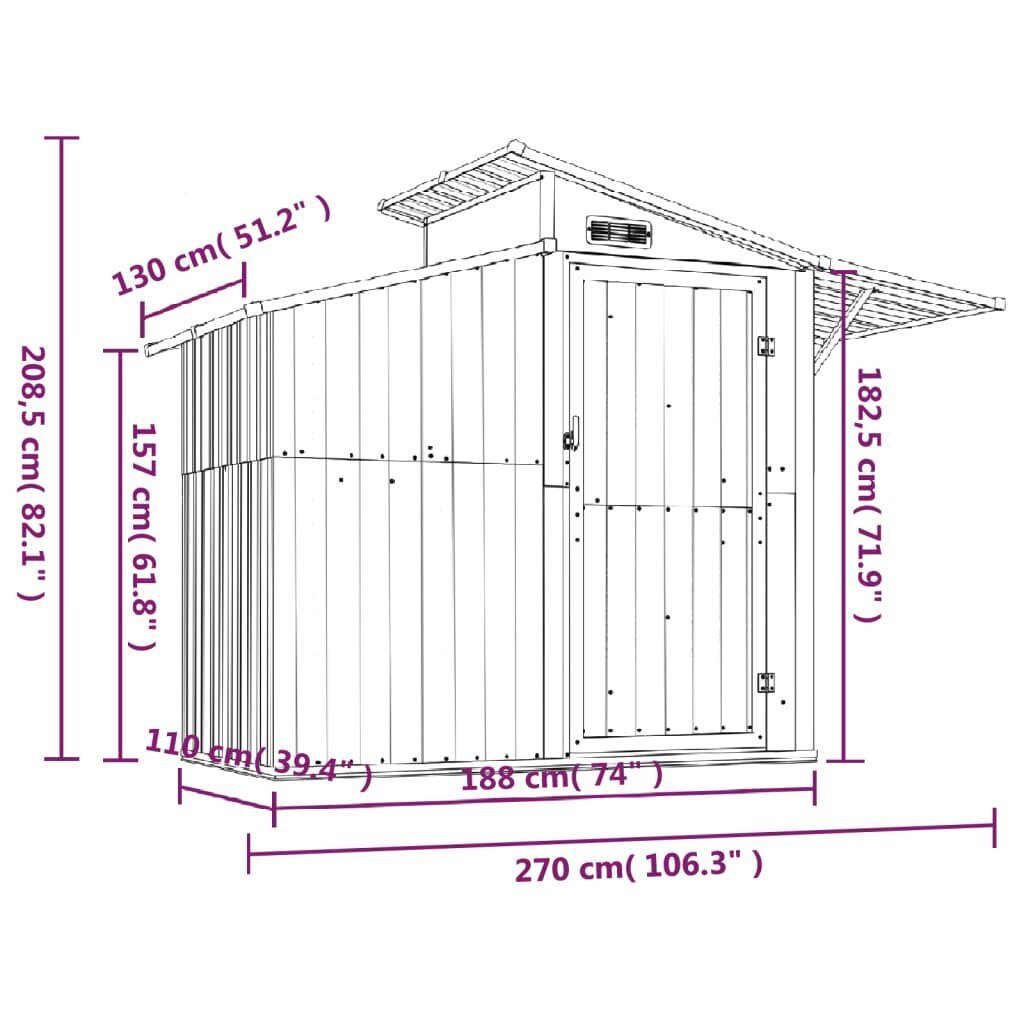 vidaXL aiakuur, pruun, 270 x 130 x 208,5 cm, tsingitud teras hind ja info | Kuurid ja aiamajad | kaup24.ee