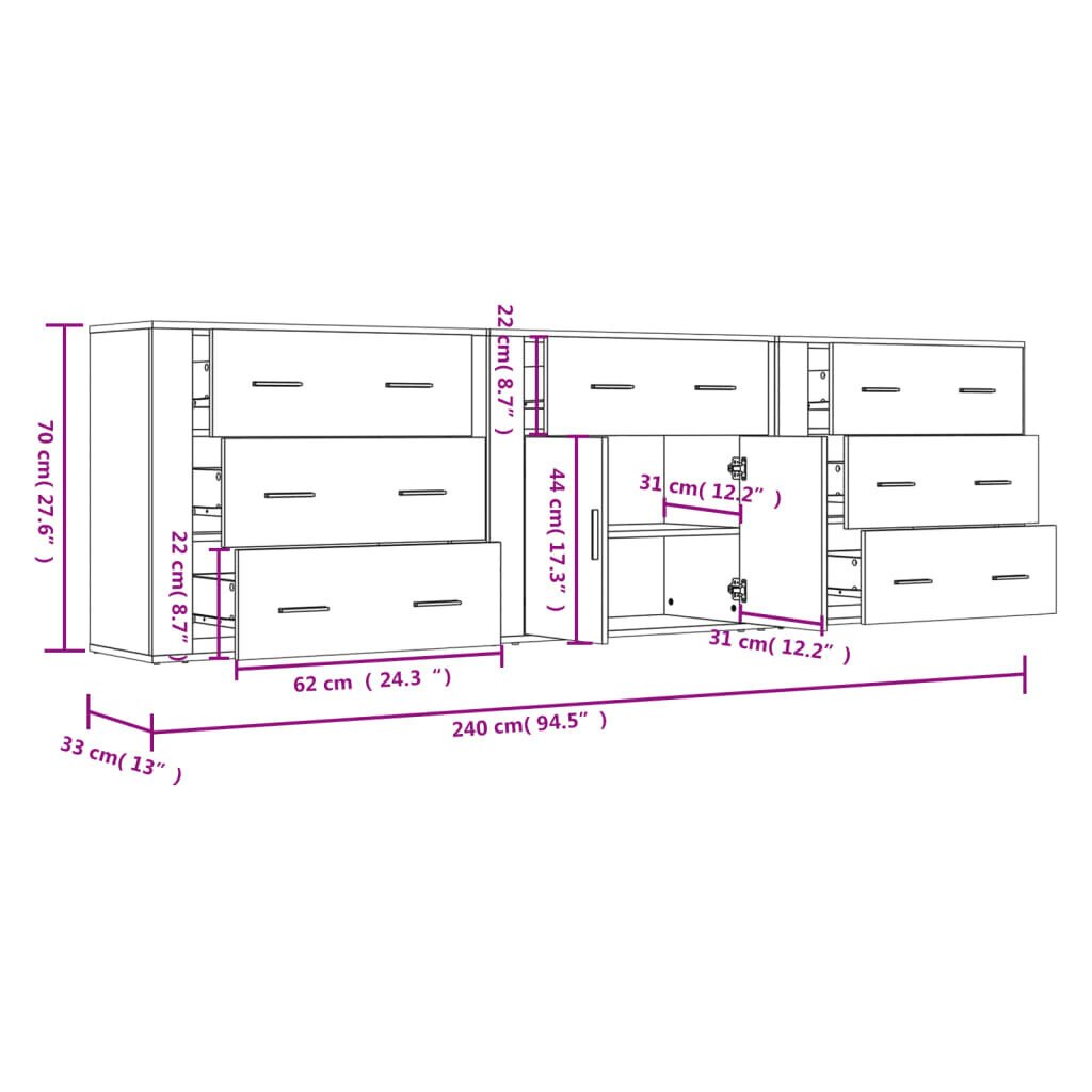 vidaXL puhvetkapid 3 tk, hall Sonoma tamm, tehispuit hind ja info | Elutoa väikesed kapid | kaup24.ee